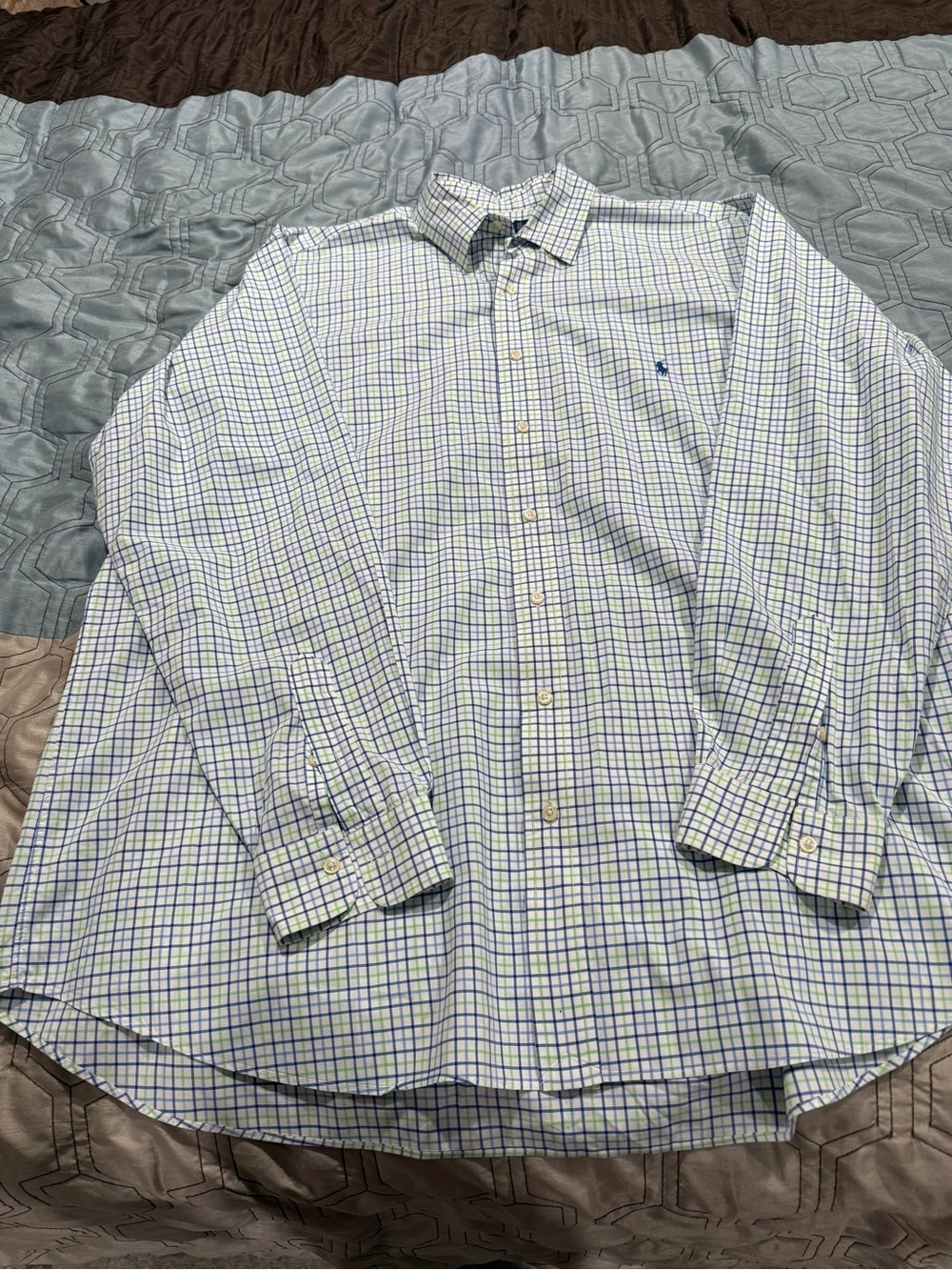 Polo Ralph Lauren Shirt Mens 2XLT White Green Blue Plaid Button Up 100% Cotton